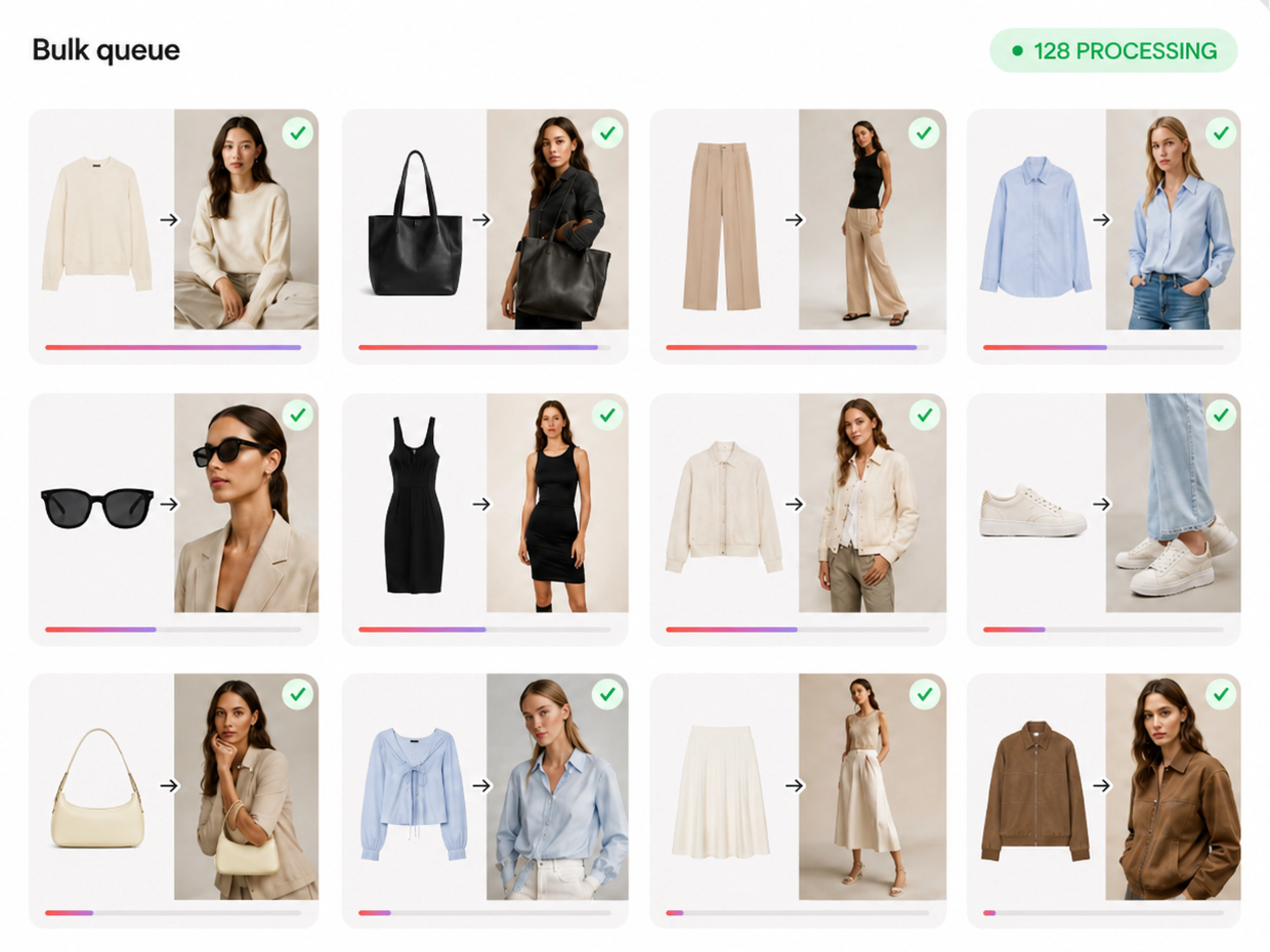 Bulk queue — one click, one model, every SKU ready